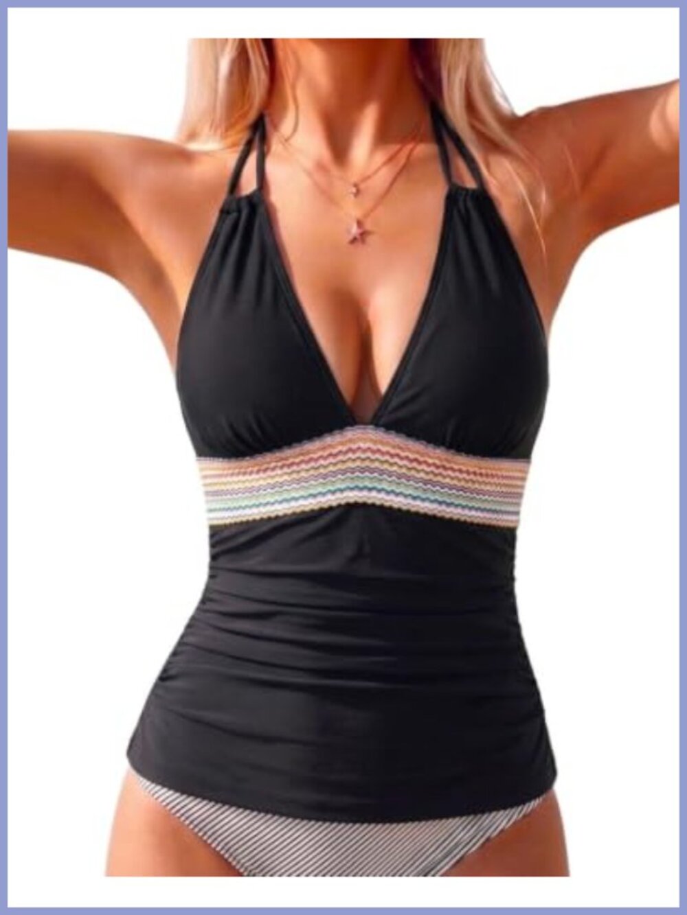 Halter Tankini Top V Neck Ruched Tummy Control Backless Swim Top